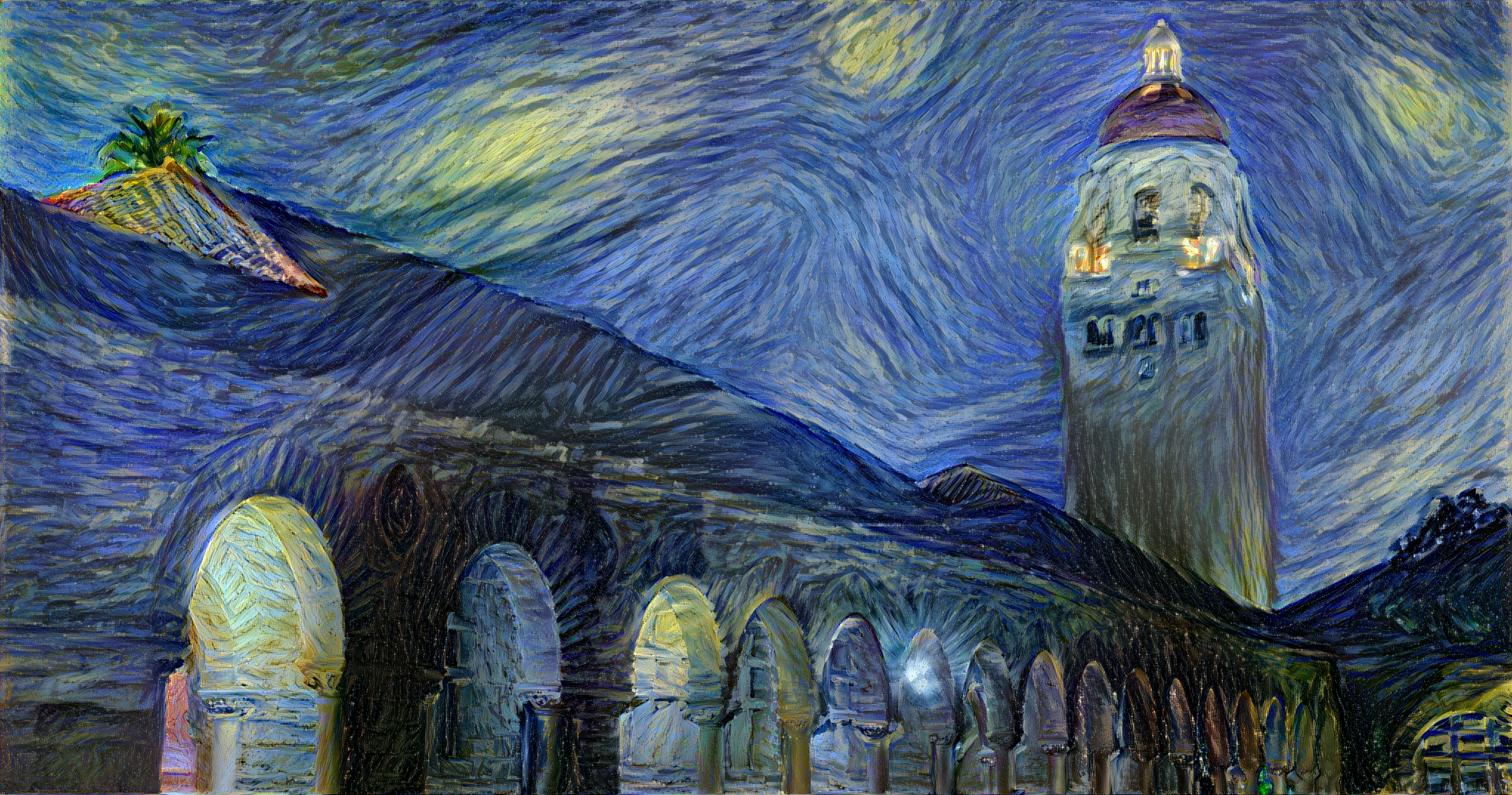 A synthetic image generated by Justin Johnson that depicts Stanford University's Hoover Tower using the style of Vincent van Gogh's 'The Starry Night'